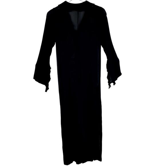 T Rose Floral Embroidered Duster Kimono Dress Black Pink Medium Sheer Ruffles - Picture 8 of 8